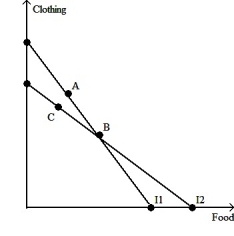 Please consider the following figure:   The consumer chooses A on budget line I1 and B on budget line I2. Which of the following statements is NOT true?