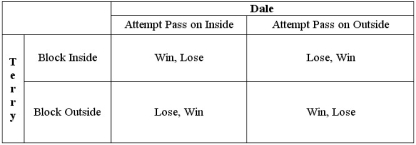 Dale and Terry are racing automobiles around a track. Currently, Terry is in the lead. However, Dale has a faster car and is just behind Terry. The racers' strategies and pay-offs are presented in the table below. Does either player have a dominant strategy? Does the game have a Nash equilibrium? What is the maximin strategy of each player in the game?