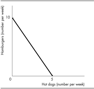 -The figure above shows Ronald's budget line. He has a weekly income of $20, which he spends on hotdogs and hamburgers. Now Ronald's income decreases to $10 per week and the price of a hotdog doubles. Ronald's budget line becomes ________ and ________.