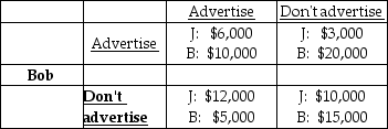 <strong>Jane -The payoff matrix of economic profits above displays the possible outcomes for Bob and Jane who are involved in game of whether or not to advertise. After each player chooses his or her best strategy and sees the result,</strong> A) only Bob would like to change his decision. B) neither player would be willing to change his or her decision unless the other player also changes his or her decision. C) if Jane does not change her decision, Bob would like to change his. D) if Bob does not change his decision, Jane would like to change hers.