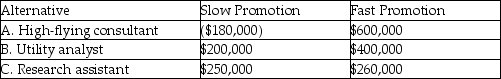 <strong>Use the following to answer the questions below. In choosing between three new jobs,Joe MBA considers the potential payoffs over the next three years.The following table contains the payoffs,given the speed of promotion in each of the organizations.The probability of fast promotion is 0.6,and the probability of slow promotion is 0.4. Table A.4 Use the information in Table A.4 and the expected-value rule.Which statement is TRUE?</strong> A)The expected value of the consultant job is more than $300,000. B)The expected value of the utility analyst job is more than $300,000. C)The expected value of the research assistant job is less than $250,000. D)The job with the highest expected value is the research assistant.
