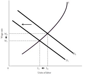 Use a graph to demonstrate how the Classical view of the labor market will respond if there is a decrease in the demand for labor.  <div style=padding-top: 35px> 