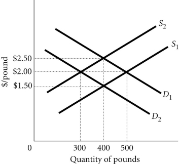 Refer to the information provided in Figure 19.4 below to answer the questions that follow. Figure 19.4 -Refer to Figure 19.4. If the demand and supply of pounds are D<sub>1</sub> and S<sub>2</sub>, the equilibrium is