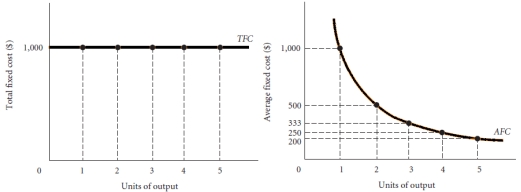 Assume that fixed costs for a firm are $1,000. Draw a graph for the fixed cost of this firm accompanied by a graph of the average fixed cost. Explain the shape of the average fixed cost graph.