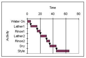 <strong>Consider the Gantt chart shown below where the time scale is in minutes and all activities are performed on an early start basis. How much slack is available in The Great Hair Washing project? </strong> A) 10 minutes B) 15 minutes C) 0 minutes D) 5 minutes