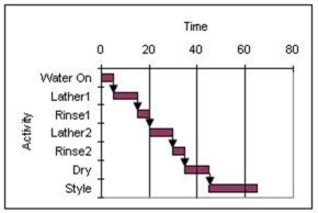 <strong>Consider the Gantt chart shown below where the time scale is in minutes and all activities are performed on an early start basis.How much slack is available in The Great Hair Washing project? </strong> A)10 minutes B)15 minutes C)0 minutes D)5 minutes