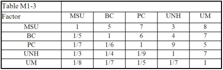 <strong>Table M1-3 The normalized matrix for Table M1-3 is:</strong> A) B) C) D) E)None of the above