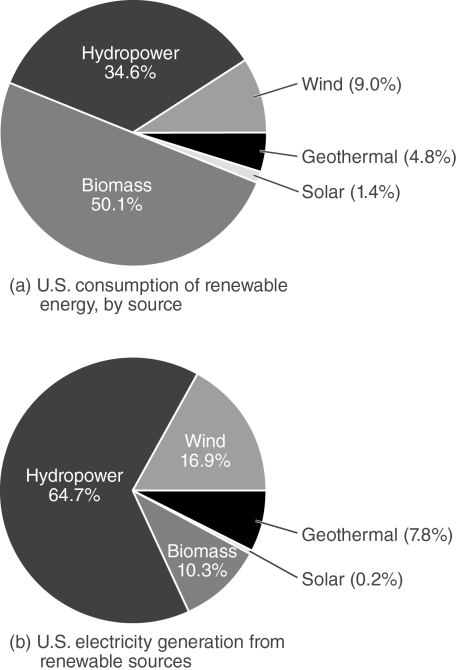 <strong> Which of the following is a valid conclusion that can be drawn from these figures?</strong> A) Most of the biomass energy being consumed is for purposes other than producing electricity. B) With regard to the production of electricity, solar energy is the fastest-growing form of renewable energy. C) Hydropower is not used for any purposes other than producing electricity. D) Wind turbines and photovoltaic panels are expensive to produce and install.