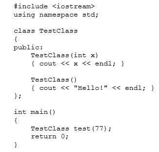 <strong>What is the output of the following program?  </strong> A)The program runs, but with no output. B)77 C)Hello! D)The program will not compile. <div style=padding-top: 35px> 