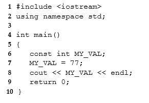 <strong>Which line in the following program will cause a compiler error? </strong> A)6 B)8 C)9 D)7
