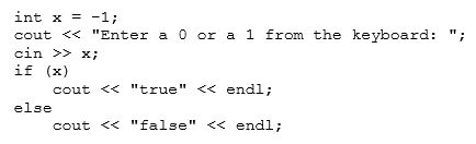 <strong>What will be the output of the following code segment after the user enters 0 at the keyboard?  </strong> A)Nothing will be displayed. B)false C)x D)true <div style=padding-top: 35px> 
