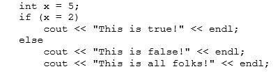 <strong>What is the output of the following code segment?  </strong> A)This is true! B)This is false! C)This is true! This is false! D)This is true! This is all folks! E)None of these <div style=padding-top: 35px> 