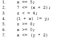 <strong>Assuming x is 5, y is 6, and z is 8, which of the following is false?  </strong> A)3, 4, 6, 7 are false. B)Only 5 is false. C)3 and 4 are false. D)All are false. E)None of these. <div style=padding-top: 35px> 