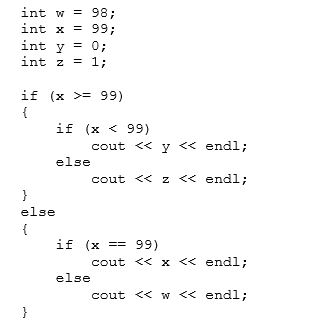 <strong>What is the output of the following code?  </strong> A)98 B)99 C)0 D)1 <div style=padding-top: 35px> 