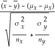 <strong>Consider independent random samples from two normally distributed populations.The first population has a mean of μ<sub>x</sub> and a variance of and we obtain a random sample of size n<sub>x</sub>.The second population has a mean of μ<sub>y</sub> and a variance of And we obtain a random sample of size n<sub>y</sub>.The sample means are denoted by And )Which of the following formulae calculates the random variable,Z?</strong> A)Z = B)Z = C)Z = D)Z =