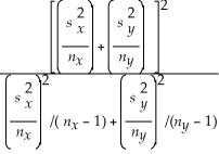 <strong>Assume that we have independent random samples of size n<sub>x</sub> and n<sub>y</sub>observations from normal populations with means μ<sub>x</sub> and μ<sub>y</sub> and unequal variances.The sample variances and Are used and the means are And )Which of the following formulae calculates the degree of freedom,v,for the Student's t statistic where variance is unknown and considered unequal?</strong> A)ν = B)ν = C)ν = D)ν =