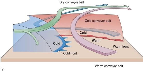 According to the conveyor belt model of midlatitude cyclones,