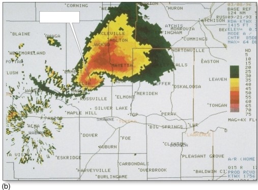 <strong>A common Doppler radar signature associated with a supercell tornado is the </strong> A)gust front. B)hook echo. C)shelf cloud. D)roll cloud.