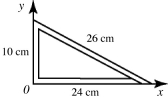 In the figure, a 60-cm length of uniform wire, of 60 g mass and negligible thickness, is bent into a right triangle. The x and y coordinates of the center of mass, in cm, are closest to