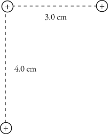<strong>Consider the group of three+2.4 nC point charges shown in the figure. What is the electric potential energy of this system of charges relative to infinity? (k = 1/4πε<sub>0</sub> = 8.99 × 10<sup>9</sup> N ∙ m<sup>2</sup>/C<sup>2</sup>) </strong> A) 4.1 × 10<sup>-6 </sup>J B) 4.6 × 10<sup>-6</sup> J C) 4.2 × 10<sup>-6</sup> J D) 4.4 × 10<sup>-6</sup> J