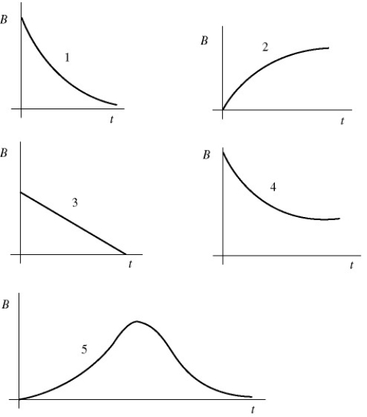<strong>A light bulb is connected in the circuit shown in the figure with the switch S open and the capacitor uncharged. The battery has no appreciable internal resistance. Which one of the following graphs best describes the brightness B of the bulb as a function of time t after closing the switch? </strong> A) 1 B) 2 C) 3 D) 4 E) 5