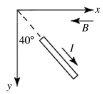 A wire segment 1.2 m long carries a current I = 3.5 A and is oriented as shown in the figure. A uniform magnetic field of magnitude 0.50 T pointing toward the -x direction is present as shown. The +z-axis points directly into the page. What is the magnetic force vector on the wire segment?