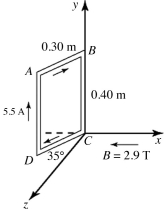 <strong>A rigid rectangular loop, which measures 0.30 m by 0.40 m, carries a current of 5.5 A, as shown in the figure. A uniform external magnetic field of magnitude 2.9 T in the negative x direction is present. Segment CD is in the xz-plane and forms a 35° angle with the z-axis, as shown. Find the magnitude of the external torque needed to keep the loop in static equilibrium. </strong> A) 1.1 N ∙ m B) 0.73 N ∙ m C) 1.3 N ∙ m D) 1.4 N ∙ m E) 1.6 N ∙ m