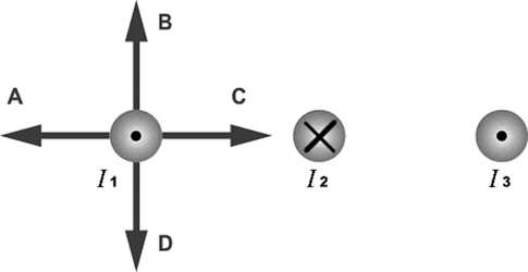 <strong>The figure shows three long, parallel current-carrying wires. The magnitudes of the currents are equal and their directions are indicated in the figure. Which of the arrows drawn near the wire carrying current 1 correctly indicates the direction of the magnetic force acting on that wire? </strong> A) A B) B C) C D) D E) The magnetic force on current 1 is equal to zero.