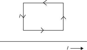 <strong>A long straight conductor has a constant current flowing to the right. A wire rectangle is situated above the wire, and also has a constant current flowing through it (as shown in the figure). Which of the following statements is true? </strong> A) The net magnetic force on the wire rectangle is upward, and there is also a net torque on the it. B) The net magnetic force on the wire rectangle is zero, and the net torque on it is zero. C) The net magnetic force on the wire rectangle is downward, and there is also a net torque on the it. D) The net magnetic force on the wire rectangle is zero, but there is a net torque on it. E) The net magnetic force on the wire rectangle is downward, and the net torque on it is zero.