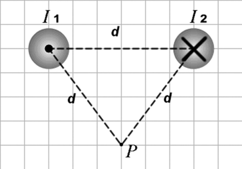 <strong>The figure shows two long, parallel current-carrying wires. The wires carry equal currents I<sub>1</sub> = I<sub>2</sub> = 20 A in the directions indicated and are located a distance d = 0.5 m apart. Calculate the magnitude and direction of the magnetic field at the point P that is located an equal distance d from each wire. (μ0 = 4π × 10<sup>-7 </sup>T ∙ m/A) </strong> A) 8 µT downward B) 8 µT upward C) 4 µT downward D) 4 µT upward E) 4 µT to the right