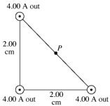 <strong>Three very long, straight, parallel wires each carry currents of 4.00 A, directed out of the page as shown in the figure. The wires pass through the vertices of a right isosceles triangle of side 2.00 cm. What is the magnitude of the magnetic field at point P at the midpoint of the hypotenuse of the triangle? </strong> A) 4.42 × 10<sup>-6</sup> T B) 1.77 × 10<sup>-5</sup> T C) 5.66 × 10<sup>-5</sup> T D) 1.26 × 10<sup>-4</sup> T E) 1.77 × 10<sup>-6</sup> T