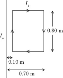 As shown in the figure, a rectangular current loop is carrying current I<sub>1</sub> = 3.0 A, in the direction shown, and is located near a long wire carrying a current I<sub>w</sub>. The long wire is parallel to the sides of the rectangle. The rectangle loop has length 0.80 m and its sides are 0.10 m and 0.70 m from the wire, as shown. We measure that the net force on the rectangular loop is 4.9 × 10<sup>-6</sup> N and is directed towards the wire. (μ0 = 4π × 10<sup>-7</sup> T ∙ m/A) (a) What is the magnitude of the current Iw? (b) In which direction does Iw flow: from top to bottom or from bottom to top in the sketch?