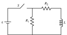 Consider the circuit shown in the figure. The battery has emf ε = 25 volts and negligible internal resistance. The inductance is L = 0.80 H and the resistances are R<sub>1</sub> = 12 Ω and R<sub>2</sub> = 9.0 Ω. Initially the switch S is open and no currents flow. Then the switch is closed. (a) What is the current in the resistor R<sub>1</sub> just after the switch is closed? (b) After leaving the switch closed for a very long time, it is opened again. Just after it is opened, what is the current in R<sub>1</sub>?