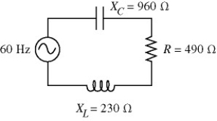 <strong>The 60-Hz ac source of a series circuit has a voltage amplitude of 120 V. The resistance, capacitive reactance, and inductive reactance are as shown in the figure. What is the rms current in the circuit? </strong> A) 0.097 A B) 0.11 A C) 0.12 A D) 0.14 A E) 0.17 A