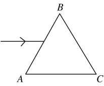 <strong>Light in air is initially traveling parallel to the face AC of an equilateral triangular prism, as shown in the figure. The prism is made of glass with an index of refraction of 1.52. If the light does not strike the face AC, what is the angle between the ray as it leaves the prism at face BC and the normal in air at that face? </strong> A) 83° B) 19° C) 59° D) 27° E) 55°