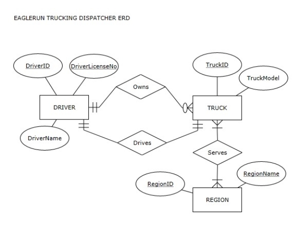 EAGLERUN TRUCKING DISPATCHER Observe the ER diagram for the Eaglerun Trucking Dispatcher: According to the Eaglerun Trucking Dispatcher ER diagram,each driver has a unique DriverID value.