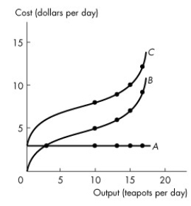 <strong>Use the figure below to answer the following question. Figure 11.3.1 Refer to Figure 11.3.1. Which one of the following statements is false?</strong> A)The total fixed cost curve A. B)Total variable cost and total cost both increase with output. C)The vertical gap between curves B and C is equal to total variable cost. D)Marginal cost is equal to the slope of curve C. E)Total fixed cost is constant.
