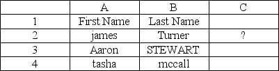 <strong>What would be the return of the following function in C2? =CONCATENATE(A2, ,B2)</strong> A)jamesturner B)JAMES C)james Turner D)jamesTurner