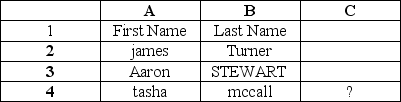 <strong>What would be the return of the following function in C4? =PROPER(A4)</strong> A)TASHA B)tasha C)Tasha D)Tasha McCall