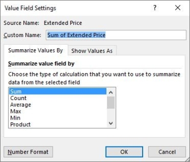 <strong>What would you do to format all values as Currency in the Sum of Extended Price field no matter how you pivot the data? </strong> A)Select Product. B)Select Number Format and choose Currency in the list of options and then click OK. C)Click the Show Values As tab and select Currency in this list and then click OK. D)Click cancel and select the cells and then format as Currency on the Home tab.