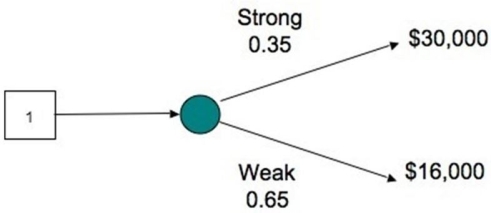<strong>The decision tree shows the profit outcomes for a toy store in a strong and a weak economy for next year.What is the expected value of the store's profit in a strong economy? </strong> A)$10,500 B)$15,000 C)$16,000 D)$30,000