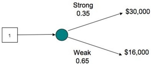 <strong>The decision tree shows the profit outcomes for a toy store in a strong and a weak economy for next year.What is the expected value of profit for the store for the year? </strong> A)$10,500 B)$20,900 C)$29,000 D)$10,400