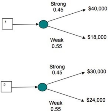 <strong>Decision trees show the profit outcomes for the plans for two doughnut stores in a strong and a weak economy for the future.Which store is expected to have the greater expected profit? </strong> A)Store 1 has a $27,900 greater profit. B)Store 1 has a $1200 greater profit. C)Store 2 has a $26,700 greater profit. D)Store 2 has a $1200 greater profit.
