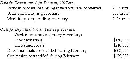 <strong>Charlie Chairs Inc., manufactures plastic moldings for car seats. Its costing system utilizes two cost categories, direct materials and conversion costs. Each product must pass through Department A and Department B. Direct materials are added at the beginning of production. Conversion costs are allocated evenly throughout production. How many units were completed and transferred out of Department A during February?</strong> A) 440 units B) 800 units C) 760 units D) 1000 units