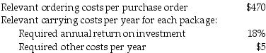 <strong>The Allianz Company produces a specialty wood furniture product, and has the following information available concerning its inventory items: Annual demand is 33,000 packages per year. The purchase price per package is $49. What is the economic order quantity?</strong> A) 1875.37 units B) 1059.38 units C) 1498.19 units D) 2490.78 units