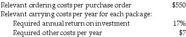 The Allianz Company produces a specialty wood furniture product, and has the following information available concerning its inventory items: Annual demand is 30,000 packages per year. The purchase price per package is $53. Which of the following statements is true of Allianz's EOQ system costs?