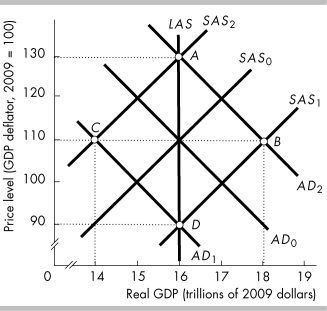 <strong> In the above figure, suppose that the economy has moved from point D to point B. According to the monetarist theory of the business cycle, what could have caused this movement?</strong> A) a decrease in the money wage rate B) an increase in uncertainty about future sales and profits C) an increase in the growth rate of the quantity of money D) an increase in the money wage rate