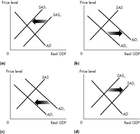 <strong>Figure 28.2.5 Use the figure below to answer the following question.   Refer to Figure 28.2.5. Which one of the graphs in the figure represents an economy experiencing stagflation?</strong> A)(a)only B)(b)only C)(c)only D)(d)only E)Both (a)and (c) <div style=padding-top: 35px> 