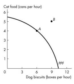 <strong>Use the figure below to answer the following questions. Figure 2.1.6 Figure 2.1.6 shows the production possibilities frontier for a firm that produces pet food.Point A is ________ and point B is ________.</strong> A)unattainable; attainable. B)attainable; unattainable. C)unattainable; unattainable. D)attainable; attainable. E)inefficient; efficient
