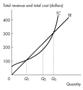 <strong>Use the figure below to answer the following question. Figure 12.2.1 Refer to Figure 12.2.1, which shows a perfectly competitive firm's total revenue and total cost curves.Which one of the following statements is false?</strong> A)Economic profit is the vertical distance between the total revenue curve and the total cost curve. B)At an output of Q₁ units a day, the firm makes zero economic profit. C)At an output greater than Q₃ units a day, the firm incurs an economic loss. D)At an output of Q₂ units a day, the firm incurs an economic loss. E)At an output less than Q₁ units a day, the firm incurs an economic loss.